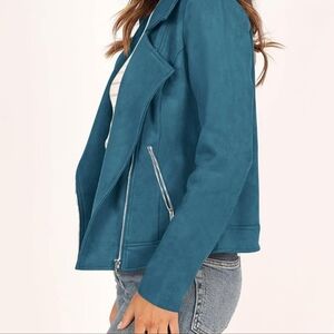 Thaila Sodi Gem Green Suede Moto Jacket